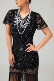 Bodycon preto lantejoulas vestido franjado 1920s com conjunto de acessórios de 5 peças