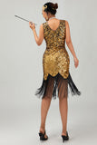 Sparkly preto dourado bodycon franjado vestido 1920s com 5 peças conjunto de acessórios