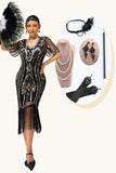 Sparkly V-neck preto dourado franja bodycon 1920s vestido com 5 peças conjunto de acessórios