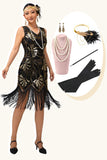 Vestido Flapper de lantejoulas com franjas pretas da década de 1920 com conjunto de acessórios de 5 peças