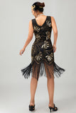 Vestido Flapper de lantejoulas com franjas pretas da década de 1920 com conjunto de acessórios de 5 peças