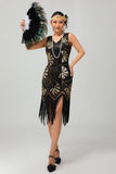 Vestido Flapper de lantejoulas com franjas pretas da década de 1920 com conjunto de acessórios de 5 peças