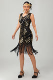 Vestido Flapper de lantejoulas com franjas pretas da década de 1920 com conjunto de acessórios de 5 peças