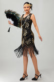 Vestido Flapper de lantejoulas com franjas pretas da década de 1920 com conjunto de acessórios de 5 peças