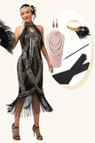 Preto Golden Halter Keyhole Fringed Gatsby 1920s Vestido com 5 Peças Conjunto de Acessórios