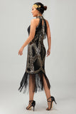 Preto Golden Halter Keyhole Fringed Gatsby 1920s Vestido com 5 Peças Conjunto de Acessórios
