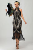 Preto Golden Halter Keyhole Fringed Gatsby 1920s Vestido com 5 Peças Conjunto de Acessórios