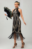 Preto Golden Halter Keyhole Fringed Gatsby 1920s Vestido com 5 Peças Conjunto de Acessórios