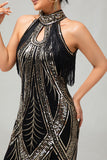 Preto Golden Halter Keyhole Fringed Gatsby 1920s Vestido com 5 Peças Conjunto de Acessórios