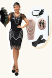 Lantejoulas Preto Prata Frisado Vestido Curto da década de 1920 com Conjunto de Acessórios de 5 Peças