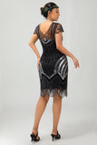 Lantejoulas Preto Prata Frisado Vestido Curto da década de 1920 com Conjunto de Acessórios de 5 Peças