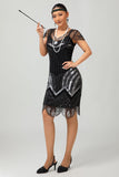 Lantejoulas Preto Prata Frisado Vestido Curto da década de 1920 com Conjunto de Acessórios de 5 Peças