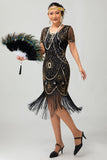 Preto Golden Scoop Neck Fringed Vestido de lantejoulas 1920s com conjunto de acessórios de 4 peças