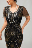 Preto Golden Scoop Neck Fringed Vestido de lantejoulas 1920s com conjunto de acessórios de 4 peças