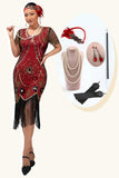 Lantejoulas Franjas Scoop Neck Preto Vermelho 1920s Vestido com 5 Peças Conjunto de Acessórios