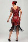 Lantejoulas Franjas Scoop Neck Preto Vermelho 1920s Vestido com 5 Peças Conjunto de Acessórios