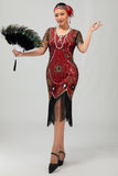 Lantejoulas Franjas Scoop Neck Preto Vermelho 1920s Vestido com 5 Peças Conjunto de Acessórios