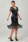 Preto Prata Franjas Sequins 1920s Vestido com 20s Acessórios set