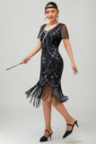 Preto Prata Franjas Sequins 1920s Vestido com 20s Acessórios set