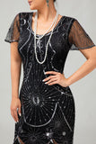 Preto Prata Franjas Sequins 1920s Vestido com 20s Acessórios set