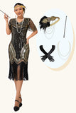 Preto Dourado Sequins Franjas 1920 Vestido com Acessórios set