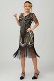 Preto Dourado Sequins Franjas 1920 Vestido com Acessórios set