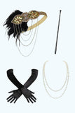 Preto Dourado Sequins Franjas 1920 Vestido com Acessórios set