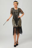 Preto Dourado Sequins Franjas 1920 Vestido com Acessórios set