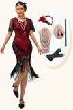 Preto Vermelho Franjas Sequins 1920s Vestido com Acessórios set