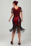 Preto Vermelho Franjas Sequins 1920s Vestido com Acessórios set