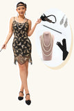 Preto Dourado Esparguete Alças Sequins 1920s Vestido com Acessórios set