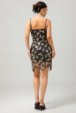 Preto Dourado Esparguete Alças Sequins 1920s Vestido com Acessórios set