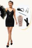 Preto Esparguete Alças Sequins 1920s Vestido com Acessórios set