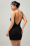 Preto Esparguete Alças Sequins 1920s Vestido com Acessórios set
