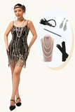 Preto Golden Fringe Sequins 1920s Vestido com 5-Piece Acessórios set