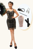 Preto Dourado Sequins Bodycon 1920s Vestido com 5-Piece Acessórios set