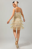 Vestido Sparkly Champagne Fringe 1920s com conjunto de acessórios de 5 peças