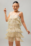 Vestido Sparkly Champagne Fringe 1920s com conjunto de acessórios de 5 peças