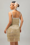 Vestido Sparkly Champagne Fringe 1920s com conjunto de acessórios de 5 peças