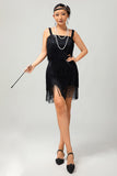 Vestido Sparkly Black Fringe Bodycon 1920s com conjunto de acessórios de 5 peças