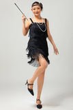 Vestido Sparkly Black Fringe Bodycon 1920s com conjunto de acessórios de 5 peças