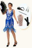 Sparkly Royal Blue Sequins Fringe 1920s Vestido com 5-Piece Acessórios set