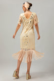 Champagne Appliques Fringe vestido da década de 1920 com conjunto de acessórios de 5 peças