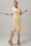 Champagne Appliques Fringe vestido da década de 1920 com conjunto de acessórios de 5 peças