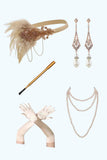 Champagne Appliques Fringe vestido da década de 1920 com conjunto de acessórios de 5 peças