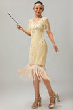 Champagne Appliques Fringe vestido da década de 1920 com conjunto de acessórios de 5 peças