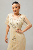 Champagne Appliques Fringe vestido da década de 1920 com conjunto de acessórios de 5 peças