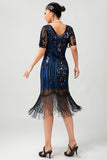 Preto Azul Lantejoulas Fringe Scoop Neck 1920s Vestido com 5-Piece Acessórios set