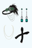 Vestido verde escuro Fringe Fringe 1920s com conjunto de acessórios de 4 peças