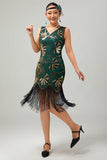 Vestido Verde Golden Beaded Fringe 1920s com conjunto de acessórios de 4 peças